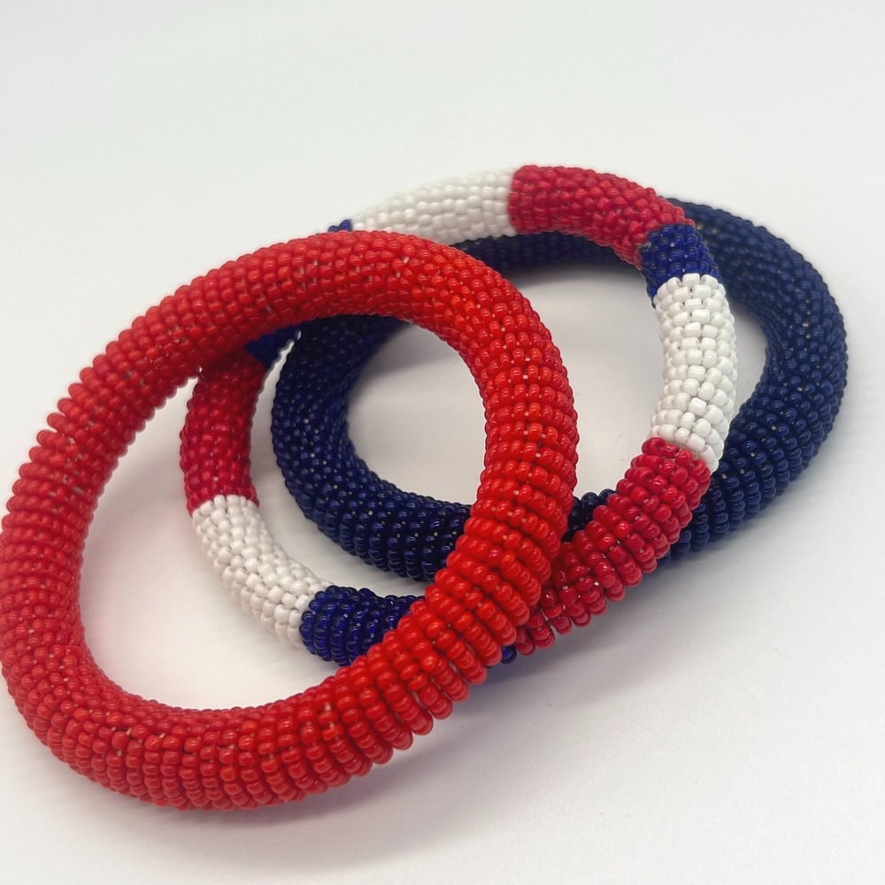 Handmade Seed Bead Crochet Bangle Bracelets Earrings Red White Blue Vintage - Picture 3 of 10